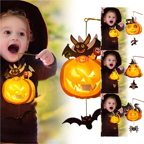 SHURUIMA DIY Light Up Pumpkin Lantern Kit, Durable Handheld Halloween Jack O Lantern Craft Set, 9.0 X 7.1 Inch Witch Owl Cat Bat Hanging Spooky Decor With Carry Stick, 1 Pack Craft Material Bag