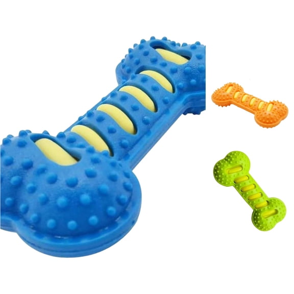 SHURUIMA Dual Layer Dot Rubber Bone Dog Molar Chew Toy, Durable Slotted Interactive Pet Fetch Toy, 7.5 X 3.5 Inch Orange Green Sky Blue Assorted Small Medium Breed Bite Toy, 1 Count