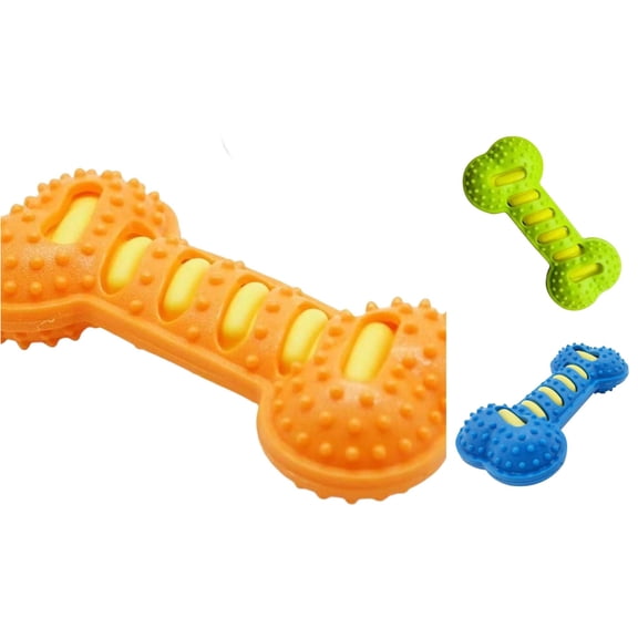 SHURUIMA Dual Layer Dot Rubber Bone Dog Molar Chew Toy, Durable Slotted Interactive Pet Fetch Toy, 7.5 X 3.5 Inch Orange Green Sky Blue Assorted Small Medium Breed Bite Toy, 1 Count