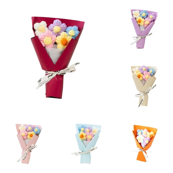 SHURUIMA Hand Crochet Mini Yarn Puff Flower Bouquet, Wrapped Knitted Floral Arrangement, 6.69 Inch Single Pack Forever Floral Decor In Six Paper Wrap Shades