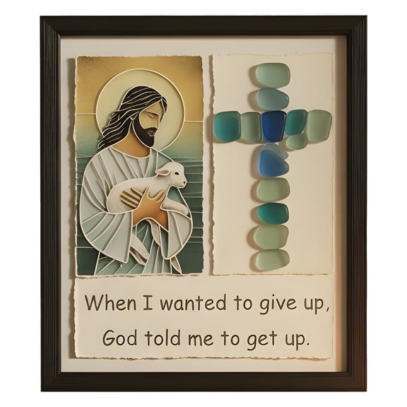 SHURUIMA Handmade Sea Glass Cross Framed Wall Art 8.27 Inch Inspirational Quote Religious Wall Decor Wooden Frame Bedroom Living Room Encouragement Artwork