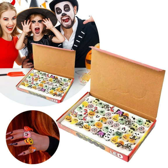 SHURUIMA LED Flashing Halloween Plastic Finger Rings, Durable Spooky Character Light Up Party Favor Rings, 1.6 Inch Assorted Pumpkin Skull Ghost Design Bulk 50 Pack Gift Box, 1 Set