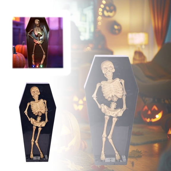 SHURUIMA Light Up Animated Dancing Coffin Skeleton Prop, Shatter Resistant Plastic Motion Activated Halloween Graveyard Tabletop Decor, 11.8 X 5.5 Inch Color LED Spooky Interactive Ornament, 1 Piece