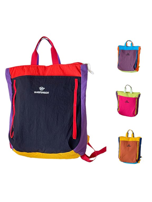 Nylon Casual Backpack, Color Block Daypack with Convertible Tote Handle, Durable Lightweight Travel Bag, 15.7 x 12.2 Inch