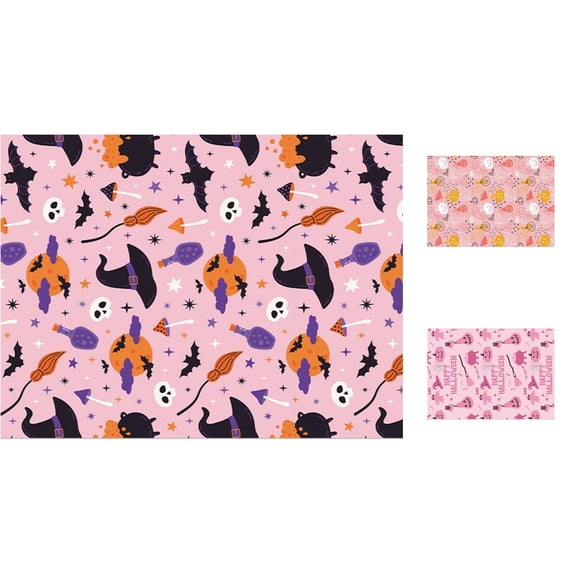 SHURUIMA Pink Halloween Wrapping Paper Set Paper Gift Wrap Sheets 3 Cute Ghost Pumpkin Witch Prints 27.5 Inch Large Holiday Gift Packaging Paper Kit