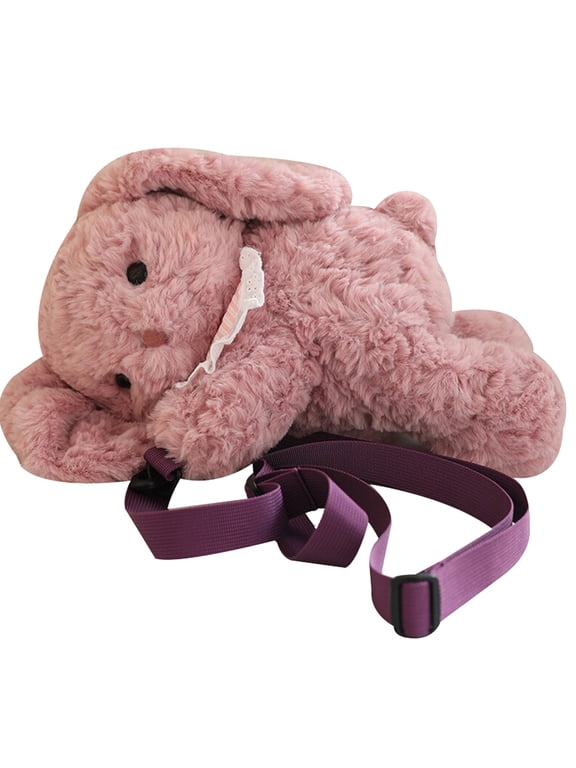 Plush Bunny Backpack, Stuffed Rabbit Animal Doll Shoulder Bag, Polyester Novelty Backpack with Adjustable Straps, Pink, 11.8 X 9.8 Inch, One Size