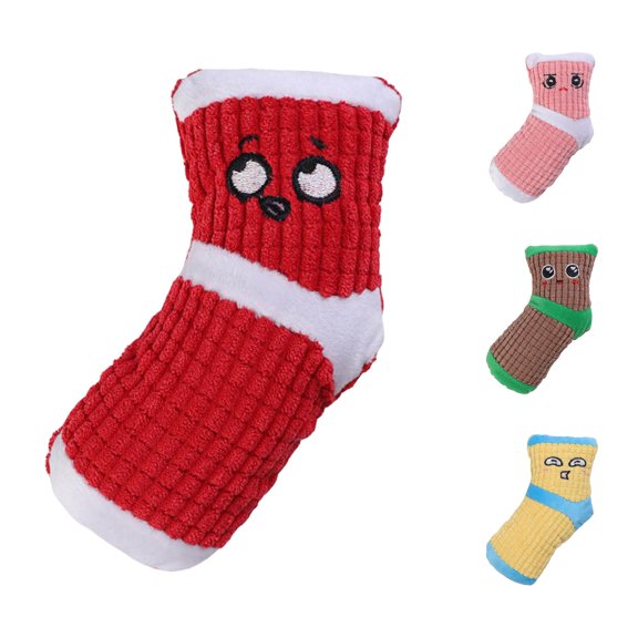 SHURUIMA Rib Plush Squeaky Sock Dog Chew Toy, Embroidered Cartoon Pet Bite Toy, 2.7 X 5.1 Inch Four Color Small Medium Dog Play Accessory, 1 Count