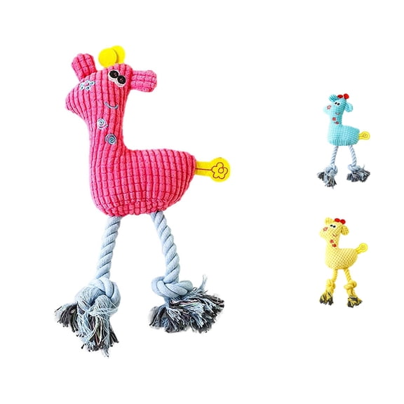 SHURUIMA Ribbed Giraffe Plush Squeaky Dog Chew Toy, Durable Knotted Rope Leg Interactive Pet Fetch Doll, 11.8 Inch Blue Red Yellow Assorted Indoor Medium Breed Self Play Toy, 1 Count