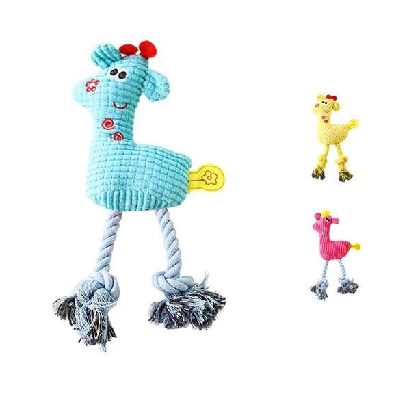 SHURUIMA Ribbed Giraffe Plush Squeaky Dog Chew Toy, Durable Knotted Rope Leg Interactive Pet Fetch Doll, 11.8 Inch Blue Red Yellow Assorted Indoor Medium Breed Self Play Toy, 1 Count