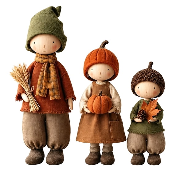 SHURUIMA Set Of 3 Cloth Face Doll Ornaments, Primitive Farmhouse Desktop Figurines, Khaki Autumn Tabletop Decor with Pumpkin Wheat Maple Leaf, 4.72 x 10.24 Inch
