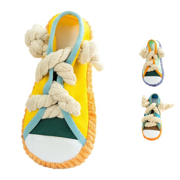 SHURUIMA Sneaker Shaped Squeaky Dog Chew Toy, Durable Braided Rope Lace Interactive Pet Fetch Toy, 5.9 Inch Assorted A/B/C Multicolor Canvas Style Indoor Puppy Bite Toy, 1 Count