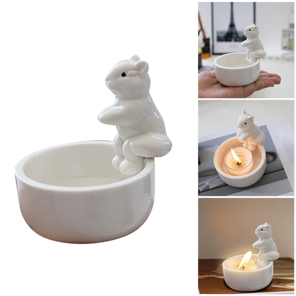 SHURUIMA Squirrel Ceramic Candle Holder, Cute Animal Tealight Candle Holder Decorative Desktop Ornament with Present, 5.12 Inch White Tabletop Candle Stand
