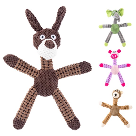 SHURUIMA Striped Animal Plush Squeaky Dog Chew Toy, Durable Knit Textured Four-Limb Interactive Pet Fetch Doll, 15 Inch Four Style Pink Green Coffee Brown Indoor Small Medium Breed Play Toy, 1 Count