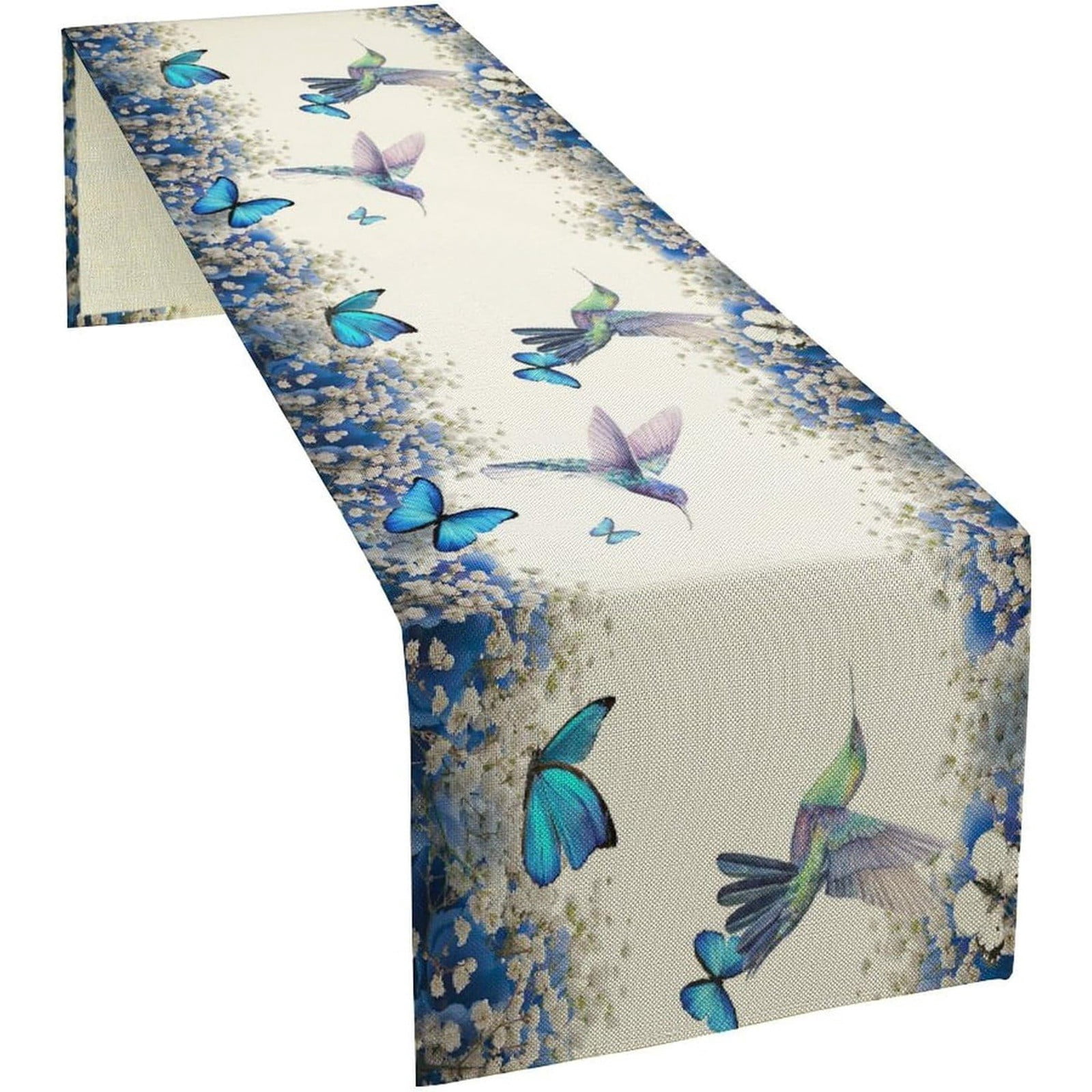 SHURUIMA Table Runner, Watercolor Hummingbird Butterfly Floral Printed ...