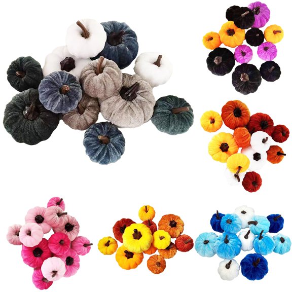 SHURUIMA Velvet Fabric Mini Pumpkin Ornament Set, Durable Soft Cloth Fall Hanging Pumpkins, 3.1 Inch Multi Color Small Autumn Decor, 12 Pack 4 Large & 8 Tiny Pumpkins