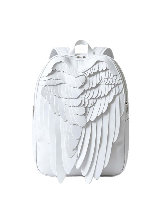 Wing Design Backpack, Unique 3D Feather Daypack, Unisex Polyester Casual Shoulder Bag, White Fashion Backpack with Multi Compartments