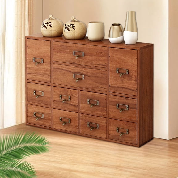 SHUWND 12 Drawer Wooden Apothecary Cabinet with Label Slot & Metal Handle Small Stationery Storage Rack Library Card Catalog Cabinet for Bedroom Organization Storage
