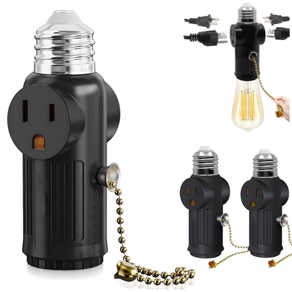 SHUWND 2 PACKS E26/E27 Light Socket to Plug Adapter with Pull Chain Switch, Heat-Resistant 2/3 Prong Light Socket Outlet Light Socket Adapter for Garage Porch, Black