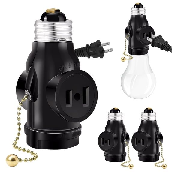 SHUWND 2 PACKS E26 Light Socket to Plug Adapter with Pull Chain Switch, Heat-Resistant 2/3 Prong Light Socket Outlet Light Socket Adapter for Garage Porch, Black