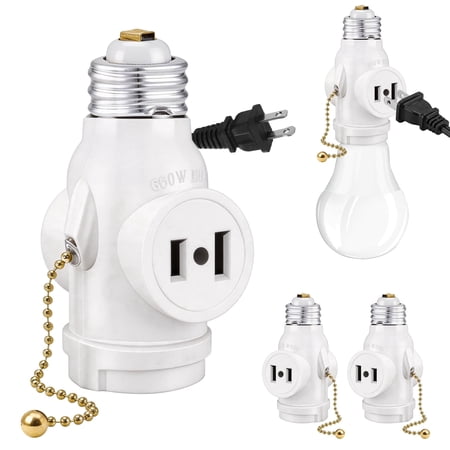 SHUWND 2 PACKS E26 Light Socket to Plug Adapter with Pull Chain Switch, Heat-Resistant 2 Prong Light Socket Outlet Light Socket Adapter for Garage Porch, White
