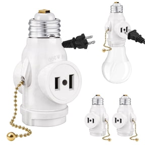 SHUWND 2 PACKS E26 Light Socket to Plug Adapter with Pull Chain Switch, Heat-Resistant 2 Prong Light Socket Outlet Light Socket Adapter for Garage Porch, White