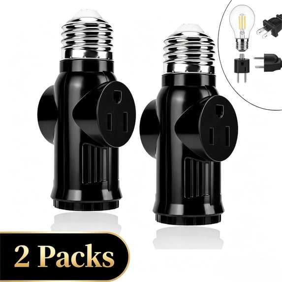 SHUWND 2 PACKS E26 Light Socket to Plug Adapter, Heat-Resistant 2/3 Prong Light Socket Outlet Light Socket Adapter for Garage Porch, Black