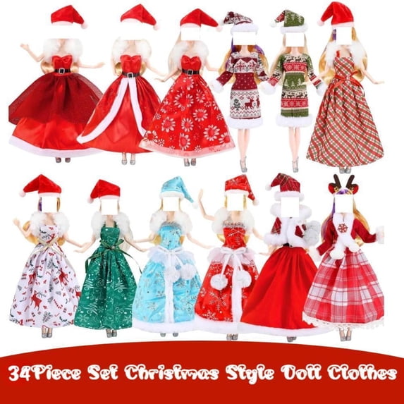 SHUWND 34 Pack Christmas Style Doll Clothes Including 12 Dresses 12 Headdress and 10 Shawl for 11.5inch Dolls