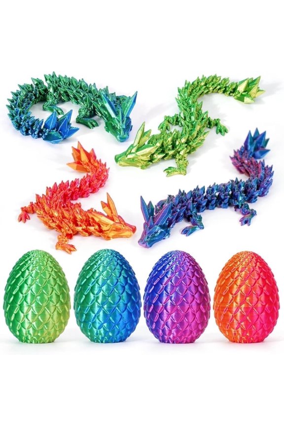 SHUWND 4PCS 3D Printed Dragon 3D Eggs with Dragon Inside, Mini Easter Eggs Fidget Toy 3D Articulated Crystal Dragon Eggs Mystery Dragon Egg Easter Basket Stuffers Surprise 3D Printed Animals Toy Set