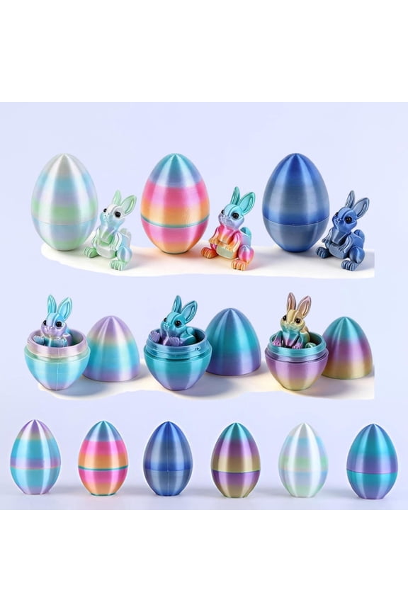 SHUWND 6PCS Set 3D Printed Bunny with Easter Egg, Mini Easter Eggs Fidget Toy 3D Articulated Crystal Bunny Eggs Mystery Egg Easter Basket Stuffers Surprise 3D Printed Animals Toy Set