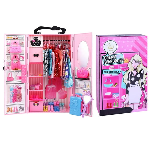 SHUWND Closet Playset with 51 Pcs Clothes and Accessories(with Doll), Princess Dresses, Wardrobe, Shoes, Hangers and Other Accessories for 11.5inch Dolls