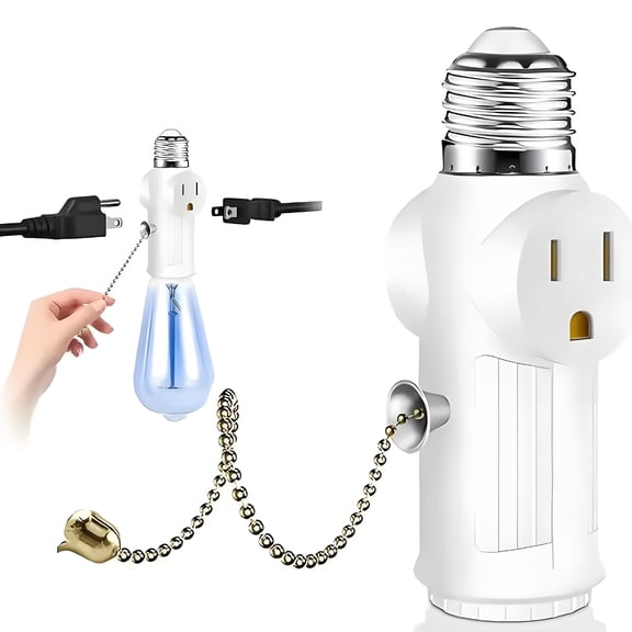 SHUWND E26/E27 Light Socket to Plug Adapter with Pull Chain Switch, Heat-Resistant 2/3 Prong Light Socket Outlet Light Socket Adapter for Garage Porch, White