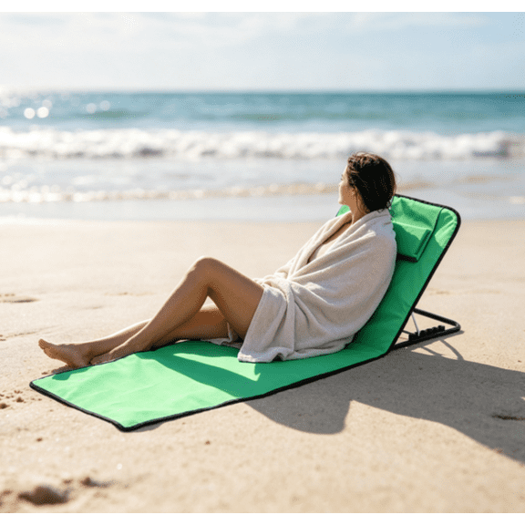 SHUmandala Adjustable Foldable Beach Lounge Mat Chair, Portable 5-Gear Reclining Sun Lounger with Head Pillow, Waterproof Oxford Outdoor Beach Floor Recliner for Vacation Camping Lawn Patio