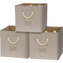 SHW 3 Pack 13" Cube Storage Bin With Braided Handles, Beige