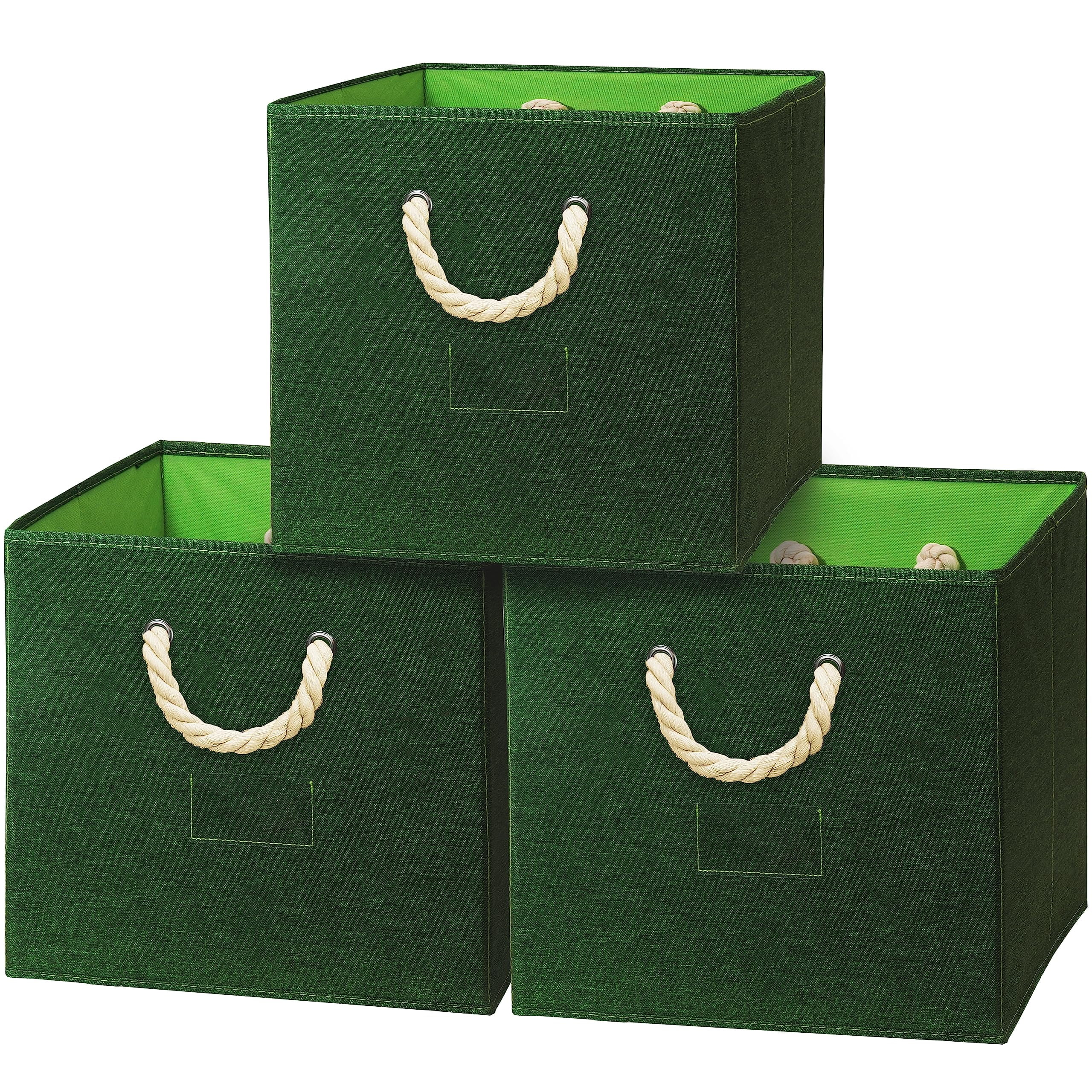 SHW 3 Pack 13" Cube Storage Bin With Braided Handles, Green