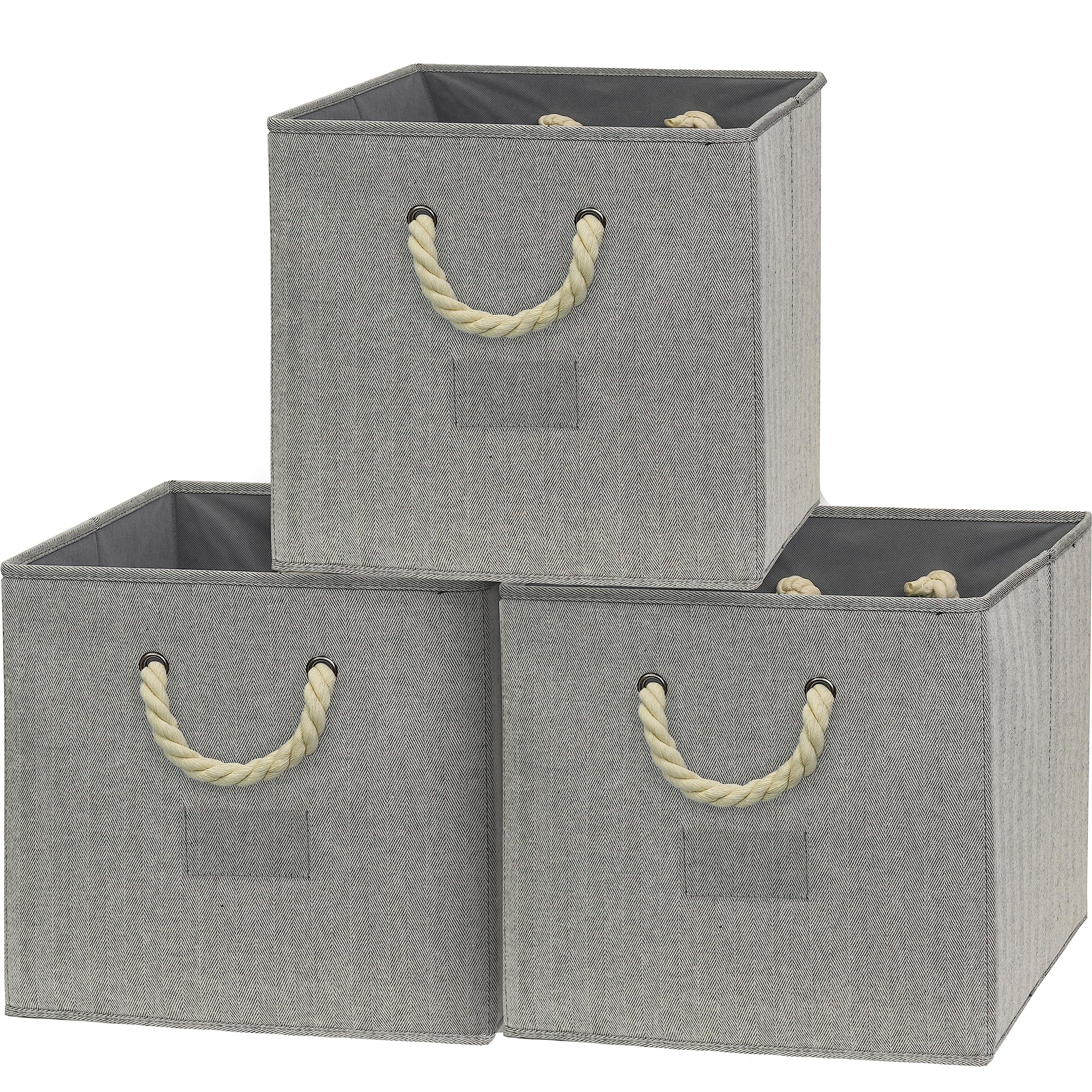 SHW 3 Pack 13" Cube Storage Bin With Braided Handles, Grey