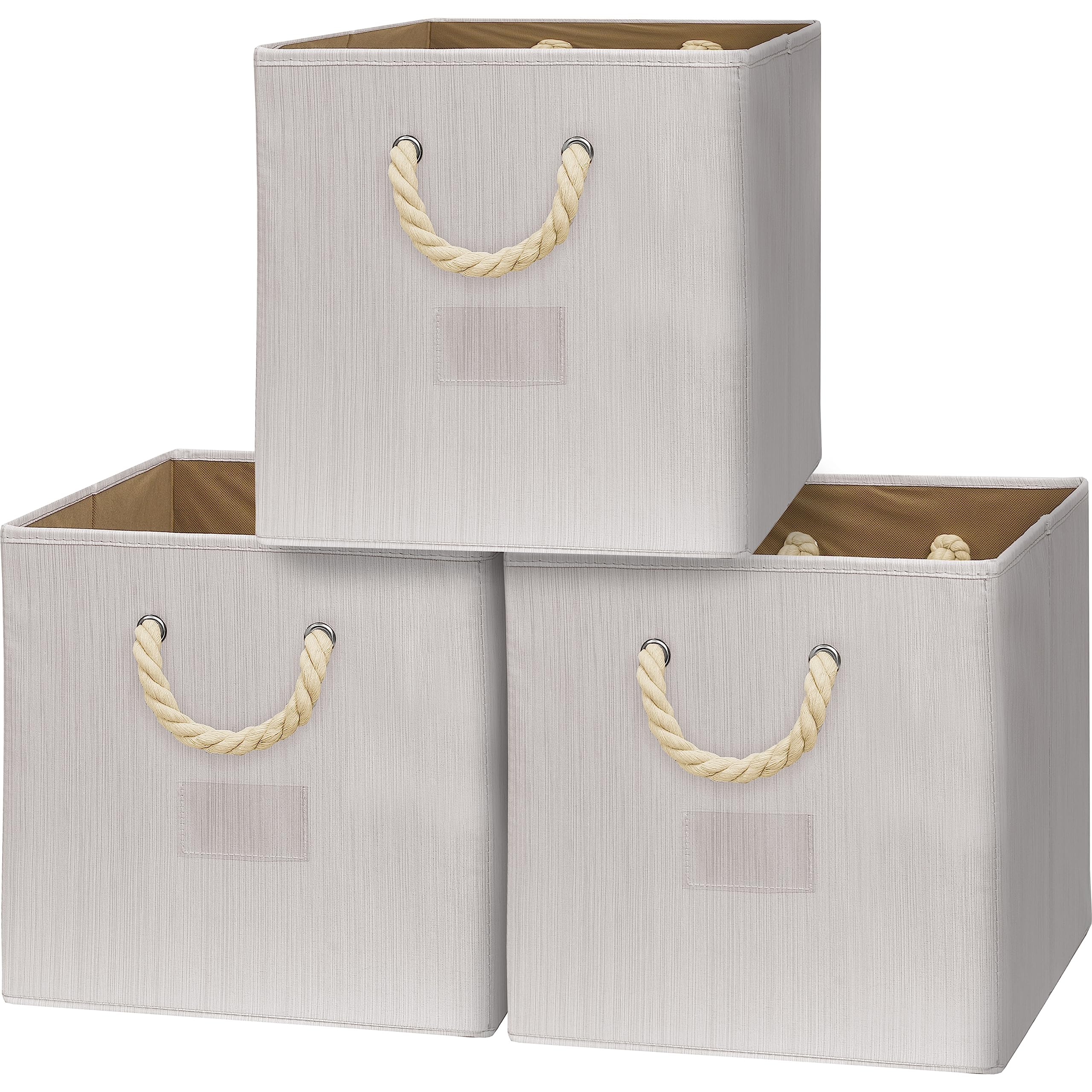 SHW 3 Pack 13" Cube Storage Bin With Braided Handles, Ivory
