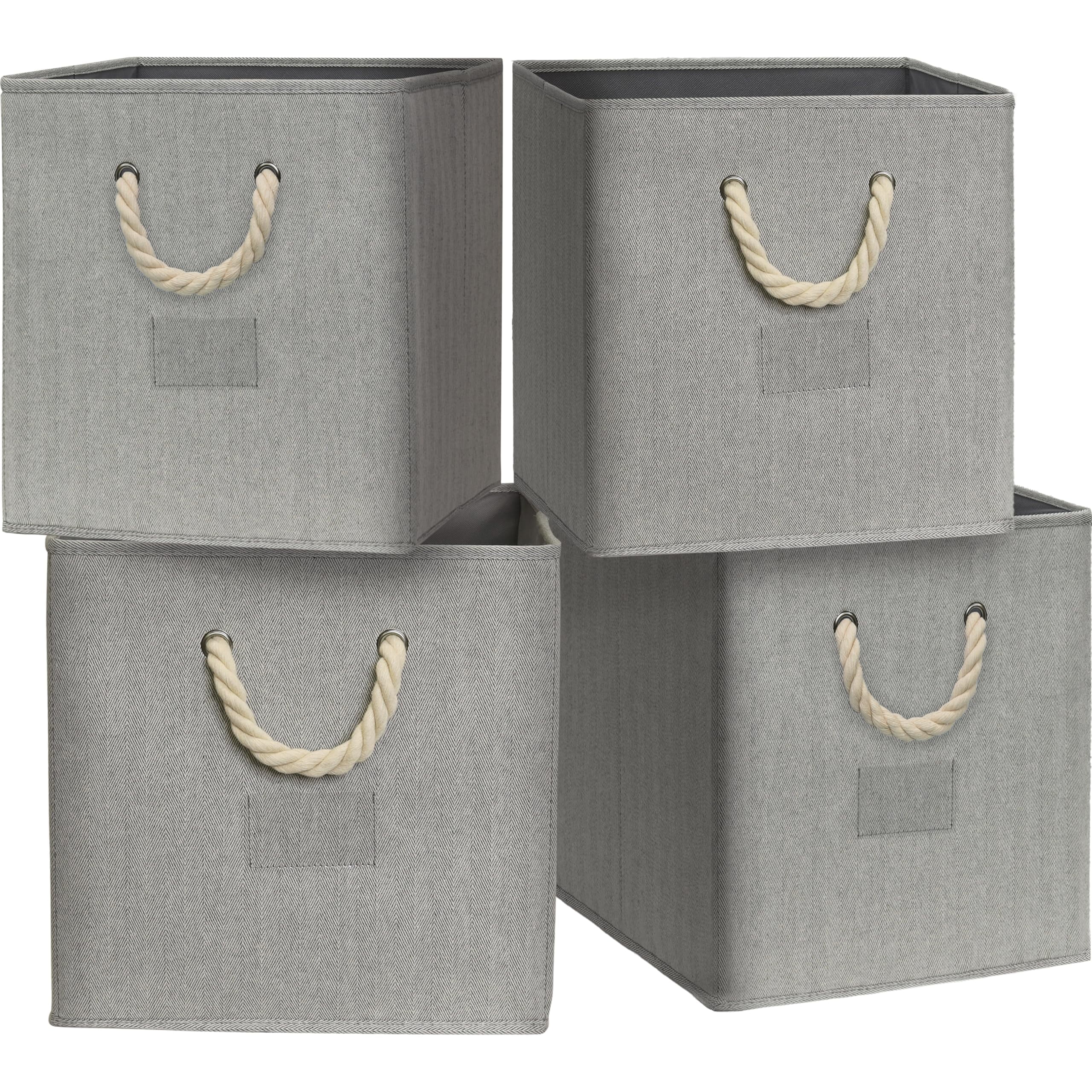 SHW 4 Pack Cube Storage Bin With Braided Handles, Grey