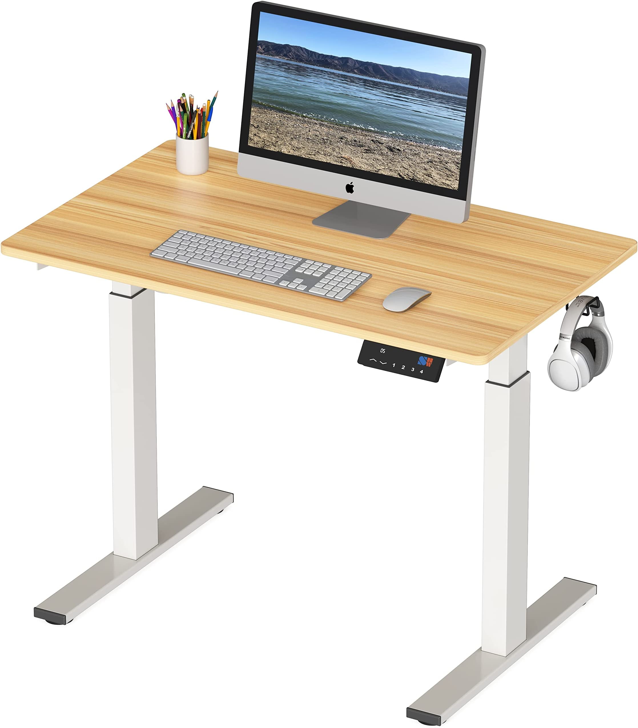 SHW Electric Height Adjustable Desk, 40Inch, Oak Workstation Table