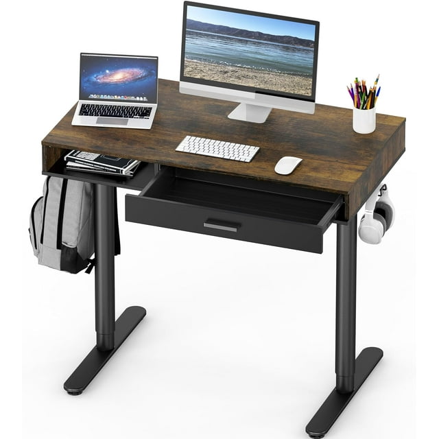 SHW Claire 40 Inch Height Adjustable Electric Standing Desk with Storage Space and Drawer, Rustic Brown
