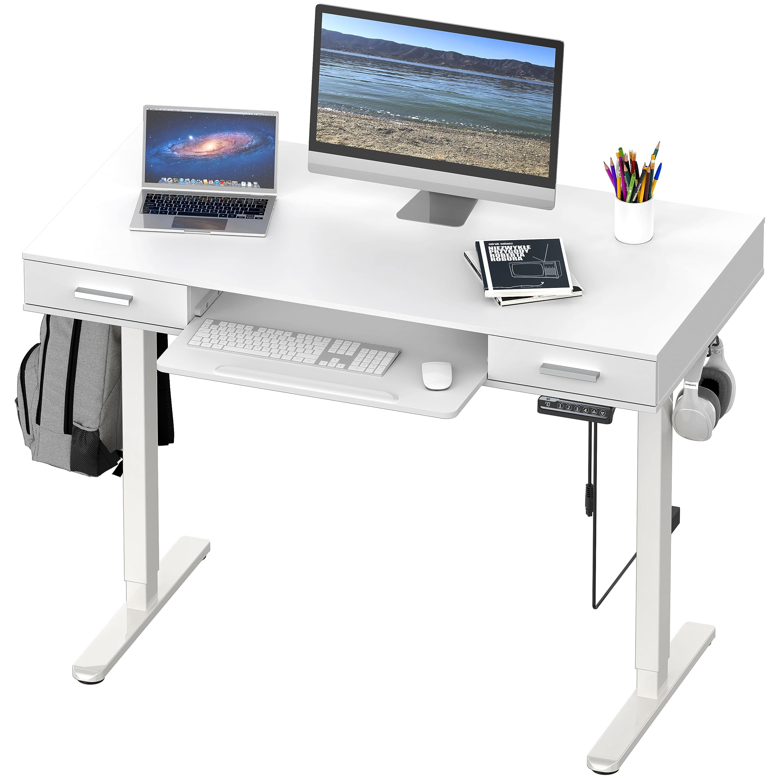 White Adjustable Height Standing Desk with Keyboard Tray and Drawers