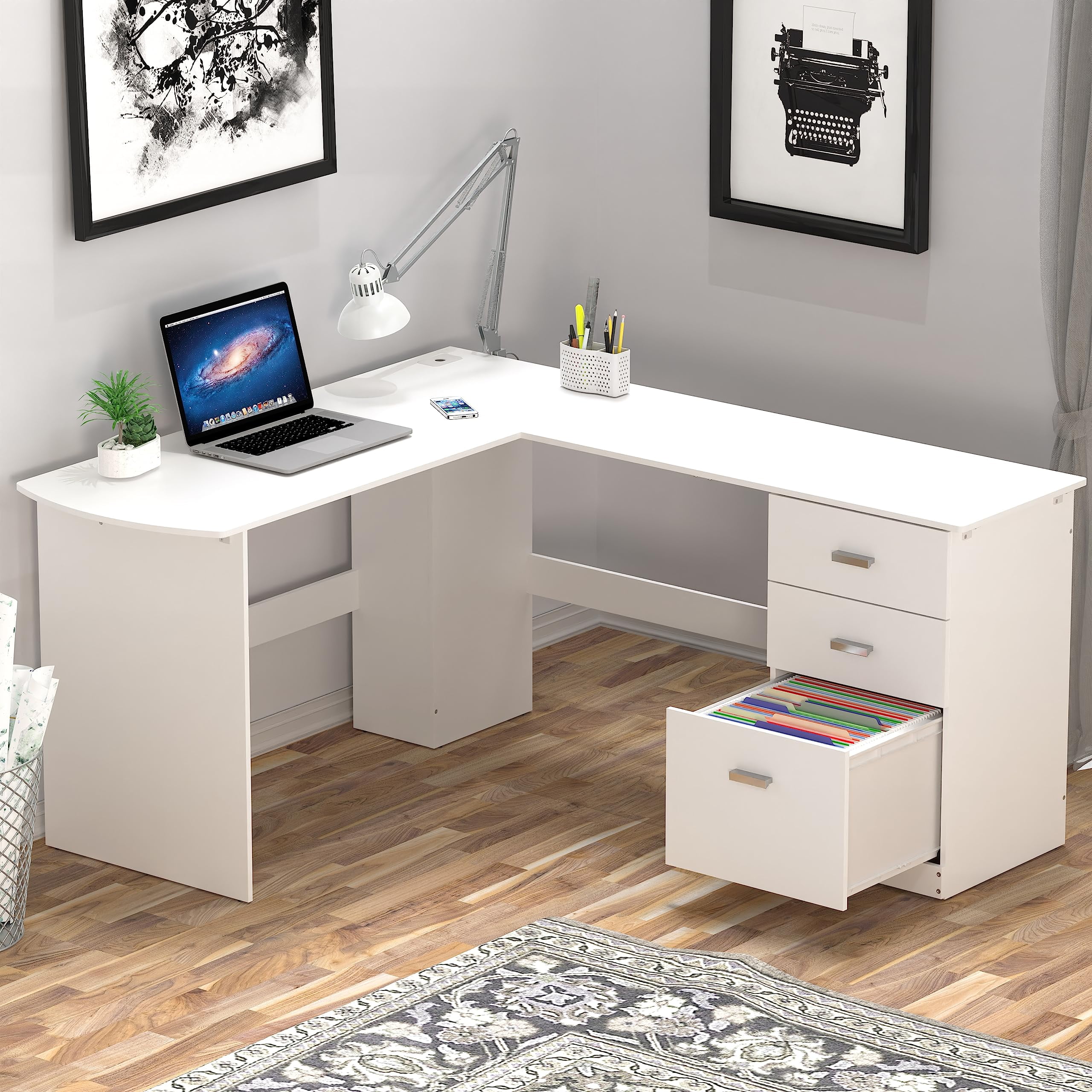 SHW LShaped Wood Corner Desk, Home Office with 3 Drawers, Space Saving, White