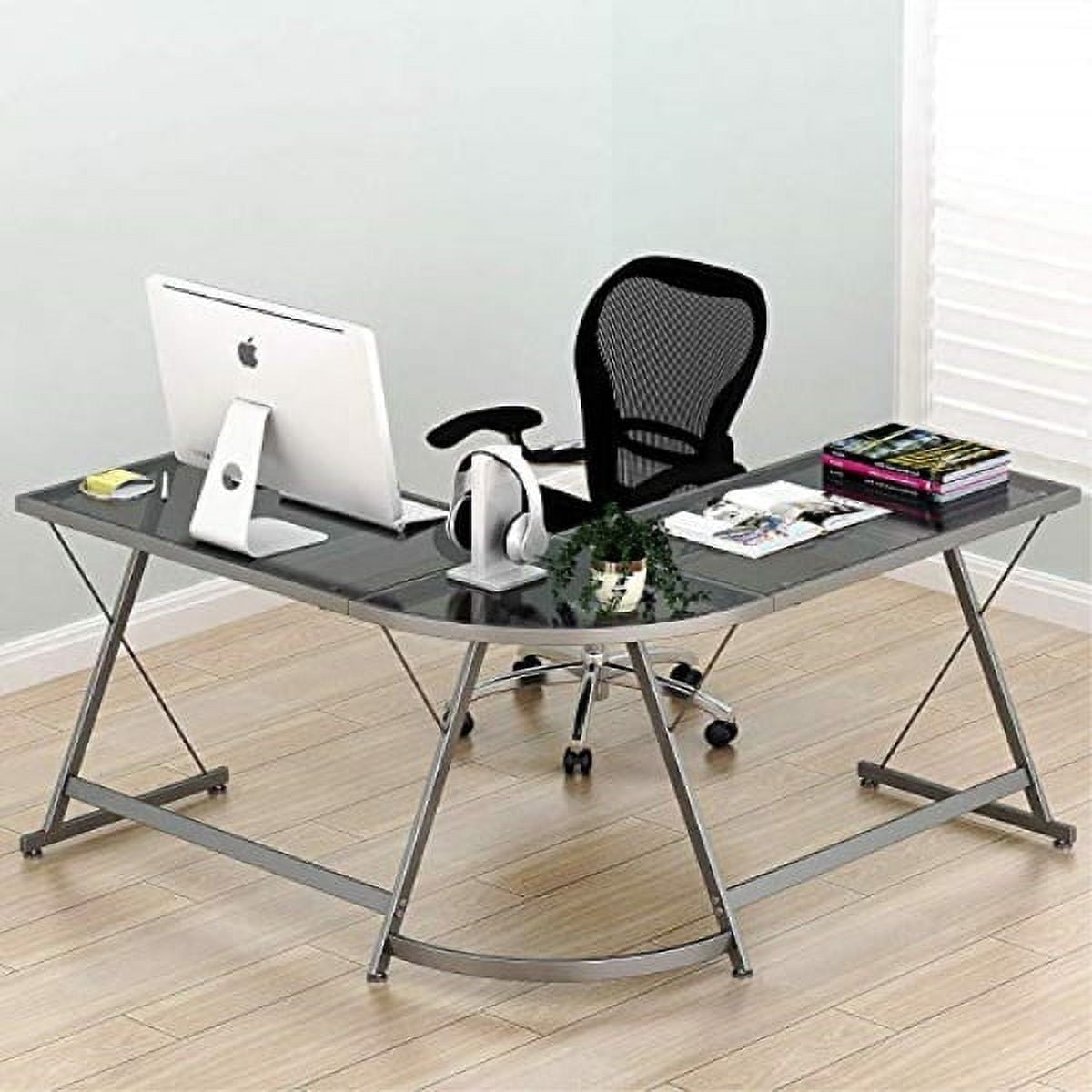Black Glass L-Shaped Corner Gaming Desk with Metal Frame