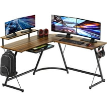 SHW Vista L Desk with Monitor Stand Drawer, Walnut