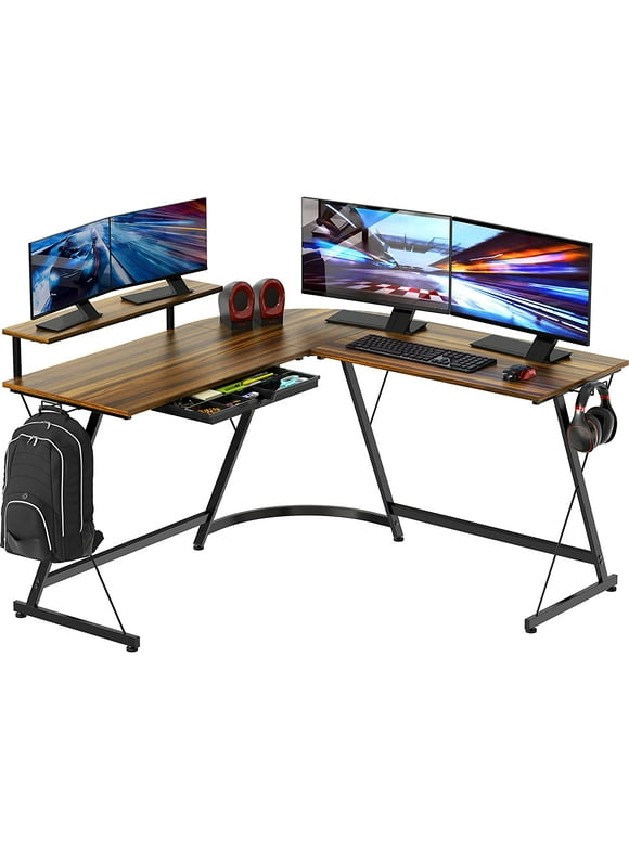 SHW Vista L Desk with Monitor Stand Drawer, Walnut