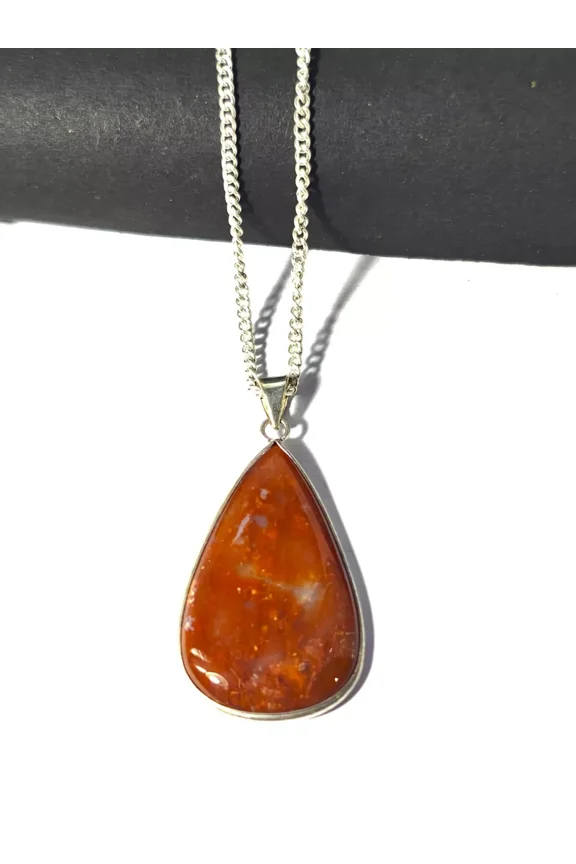 Natural Amber Teardrop Pendant Necklace, Sterling Silver Chain, Orange