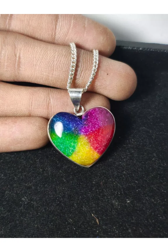 Rainbow Quartz Heart Pendant , Silver Chain, Colorful Quartz Heart Jewelry