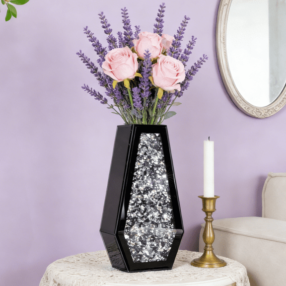 SHYFOY 14" Luxury Black Crushed Diamond Glass Vase Decorative Art Vase for Living Room