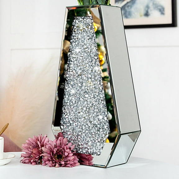 SHYFOY 14in Glam Mirrored Vase with Crushed Diamond Accents Modern Luxury Decorative Centerpiece