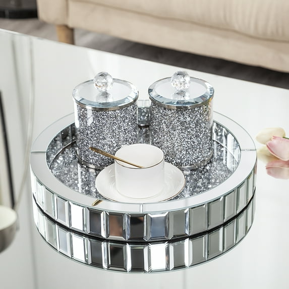 SHYFOY 14in Large Decorative Tray Mirrored Perfume Trays for Vanity Dresser - Crushed Diamond Tray