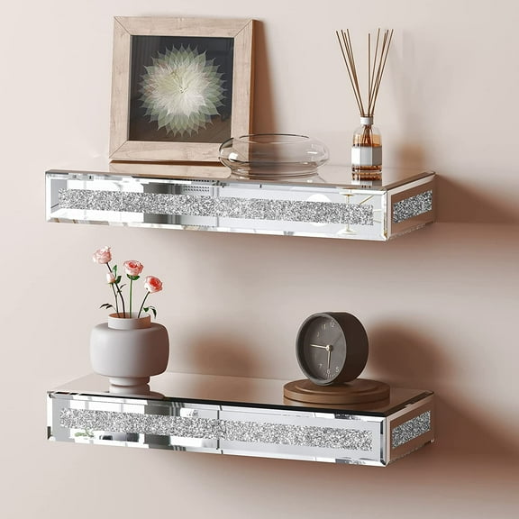 SHYFOY 15"x5.9" Glitter Glass Mirrored Floating Shelves (Set of 2)